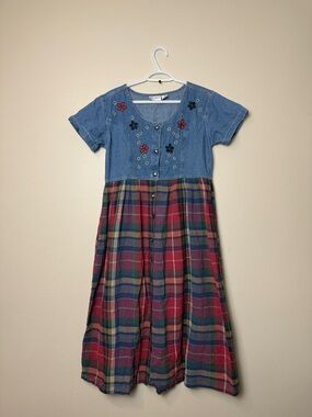 Jane Ashley Denim Bodice Dress with Red & Green Plaid Skirt size M